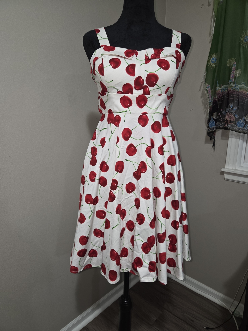 White Midi Dress with Red Cherry Print